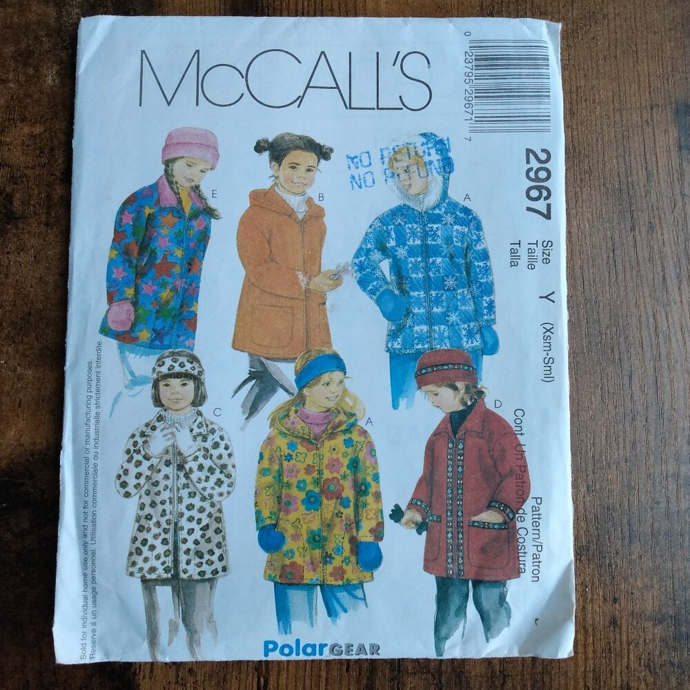 Children's Jacket Sewing Pattern Coat McCall's 2967 Girls Size XS S UNCUT